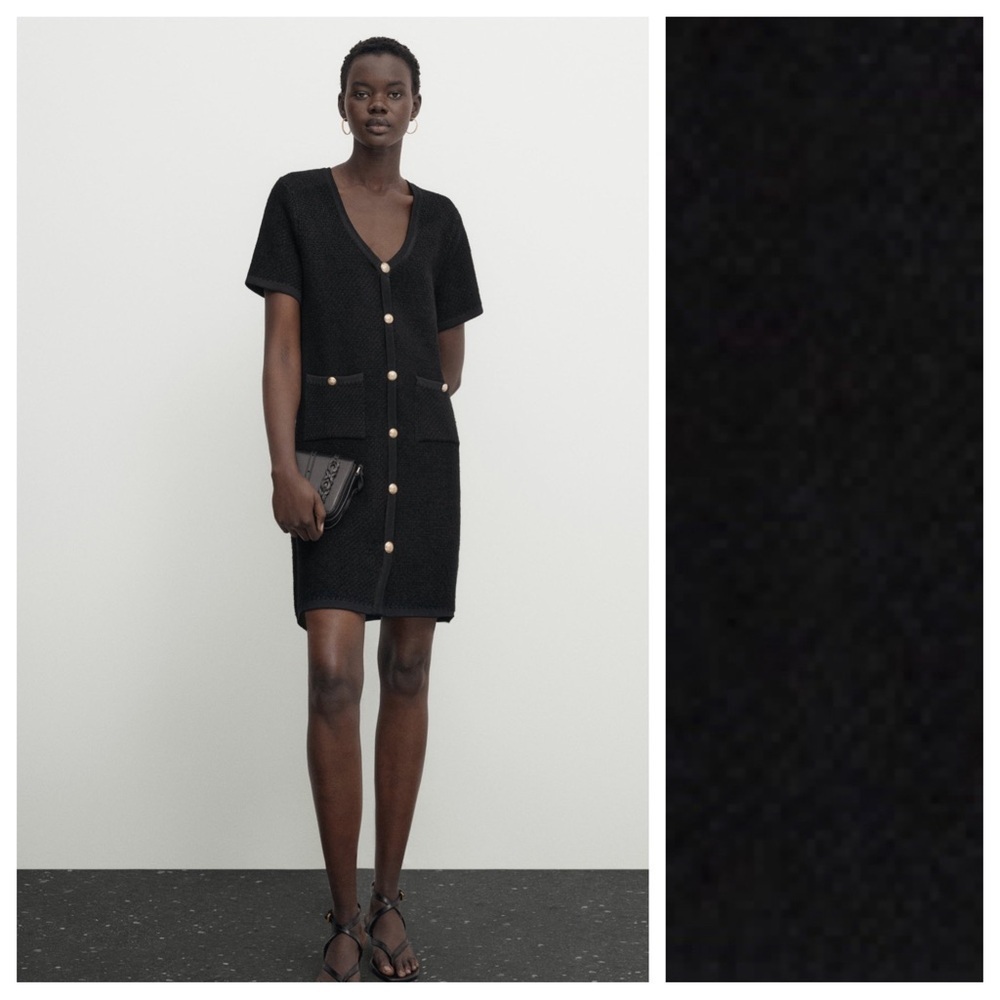 NWT. Massimo Dutti Black Textured Mini Boucle Dress with Golden Buttons. Size S.
